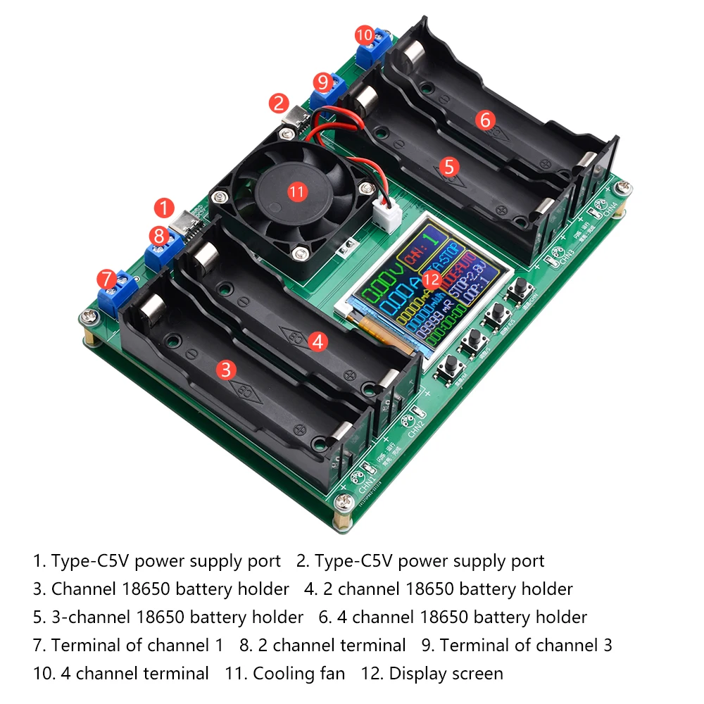 4-channel 18650 battery capacity internal resistance tester automatic charging and discharging module Type-C port