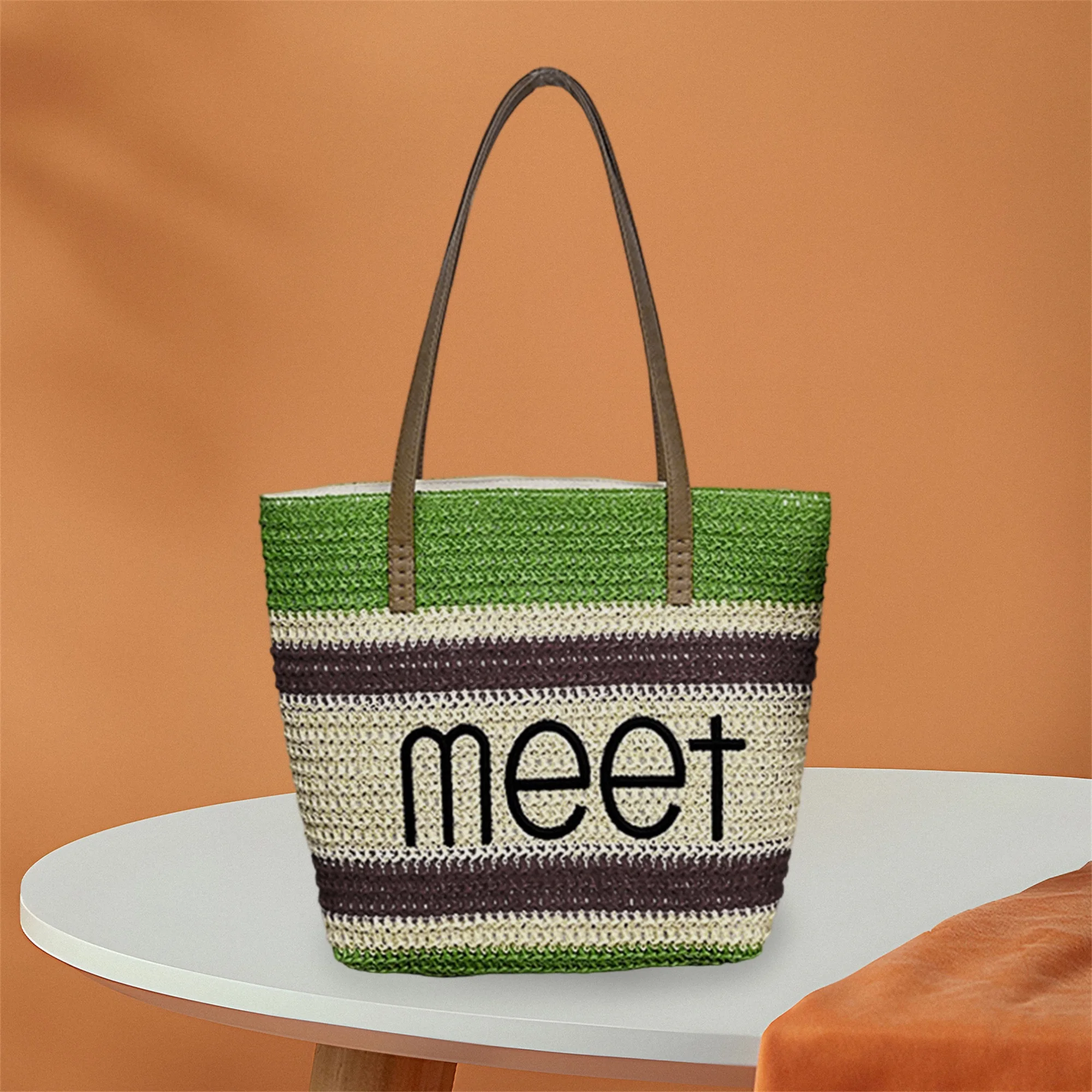 

Colorful Striped Woven Tote Bag with Zipper Closure and Shoulder Strap for Women - Stylish and Practical Travel Companion