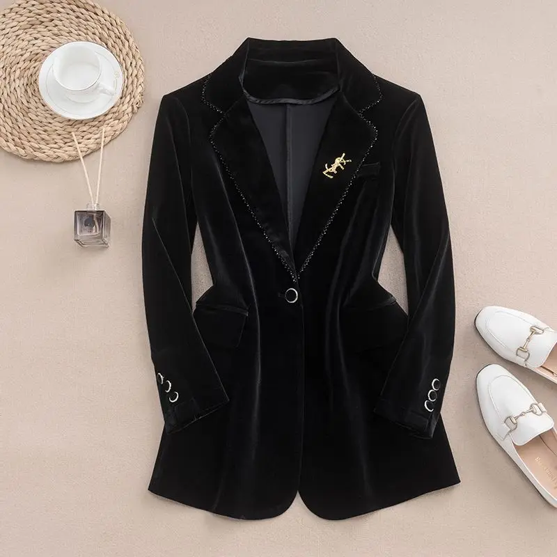 

Элегантный бархатный костюм-двойка для женщин: приталенный, с акцентом на талии, для офиса, весна-осень, новинка