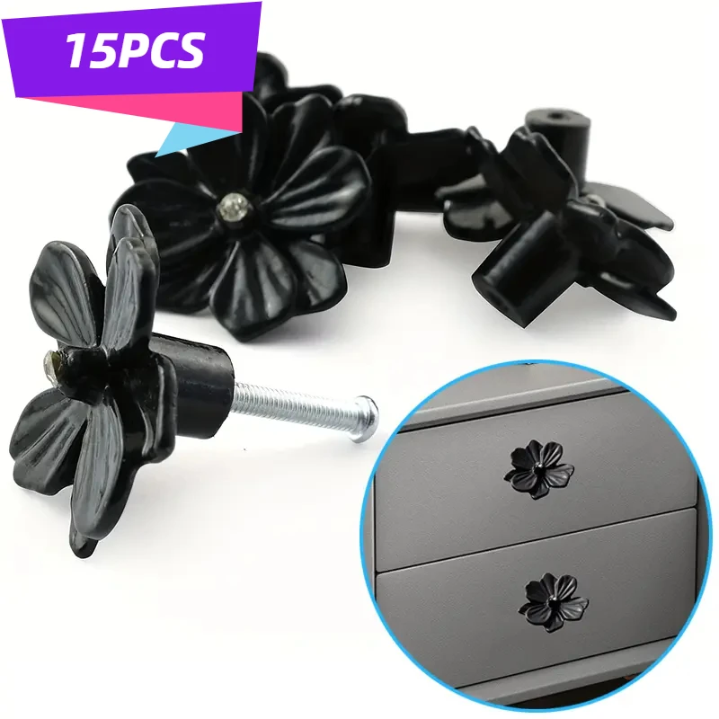15pcs Black Flower Shape Drawer Handle, Alloy Decorative Kitchen Drawer Cabinet Handle For Furniture Knob, Hardware Pull Handle