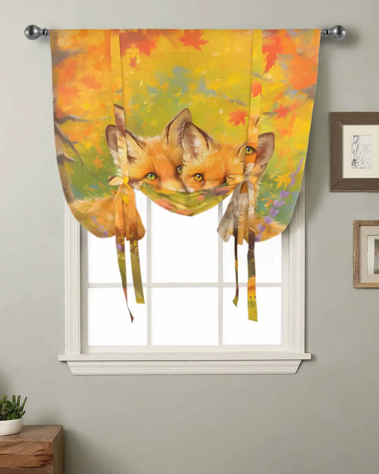 Two Foxes With Maple Leaves In Autumn Window Curtain for Living Room Home Decor Blinds Drapes Kitchen Tie-up Short Curtains