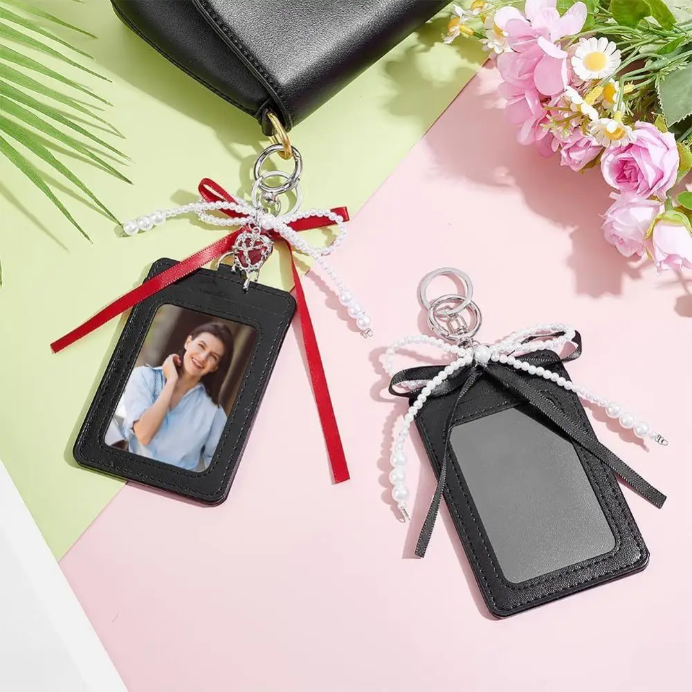 Cute Pearl Bow Photocard Holder Key Ring Hardware PU Leather ID Card Holder Elegant Clear Window Badge Holder Handheld Carrying