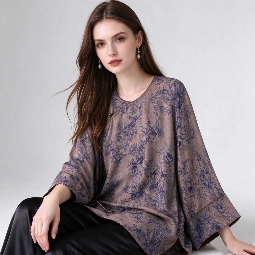 2026 Women's Fashion Autumn New Peony Print 100% Natural Mulberry Silk Gambiered Guangdong Gauze Round Neck Long Sleeve Shirt
