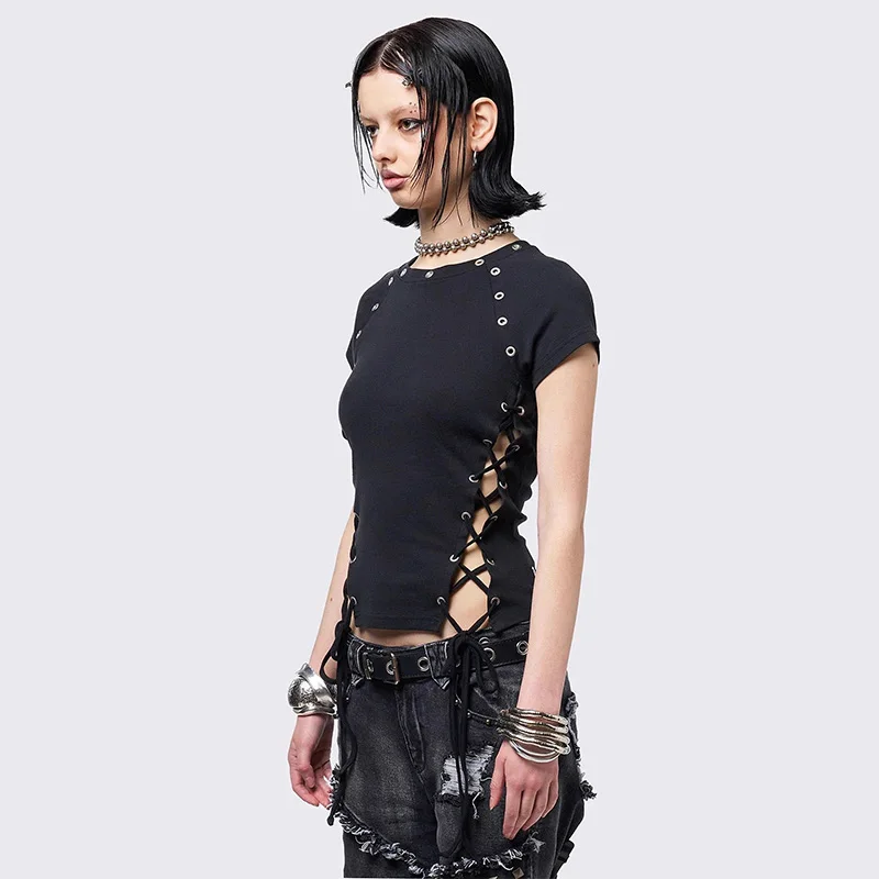 2026 Summer Women Y2K Grunge Goth Streetwear Sexy Eyelet Side Lace Up Cutout Slim Fit Cropped Crew Neck Short Sleeve T-shirt