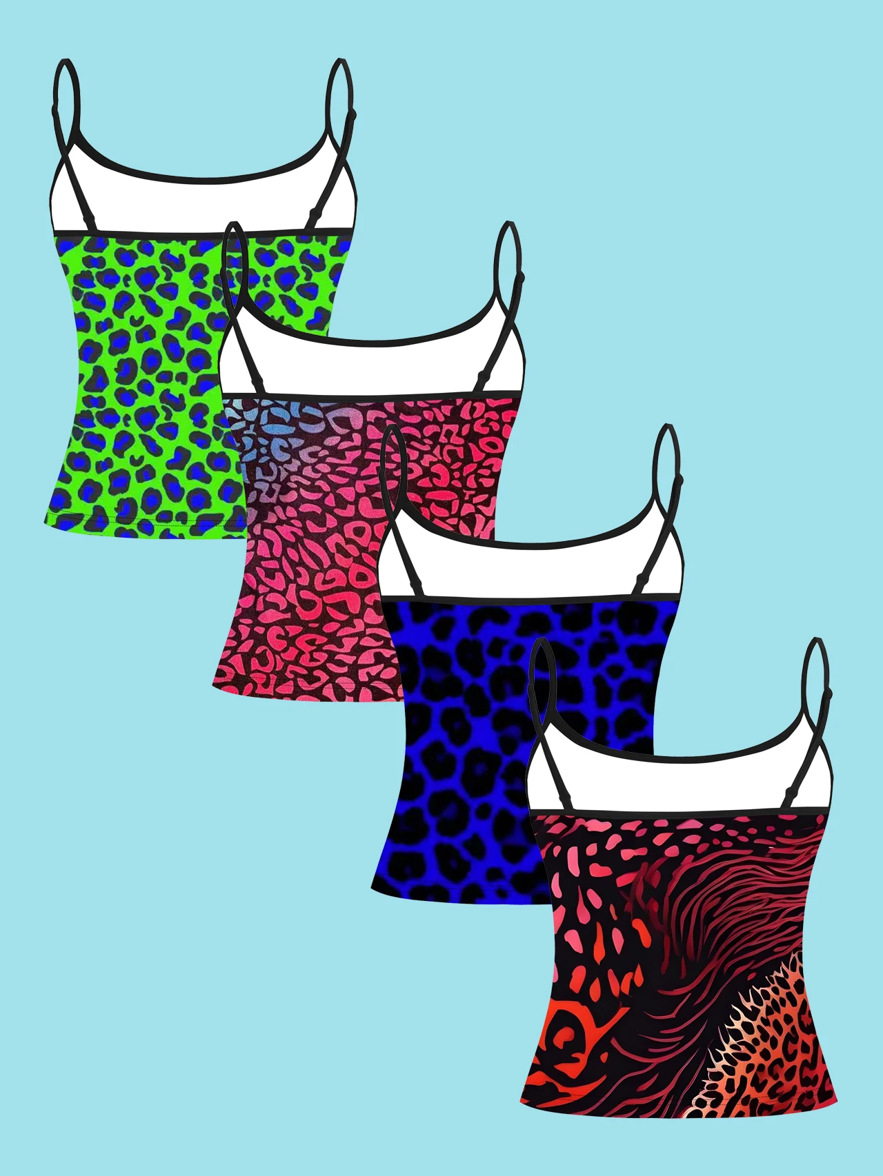 4-Piece Set of Women's Spaghetti Strap Camisoles with Fluorescent Color-Blocking Leopard and Zebra Print, Slim-Fit Sleeveless Tops, Y2K Style Outerwear and Innerwear Base Shirts
