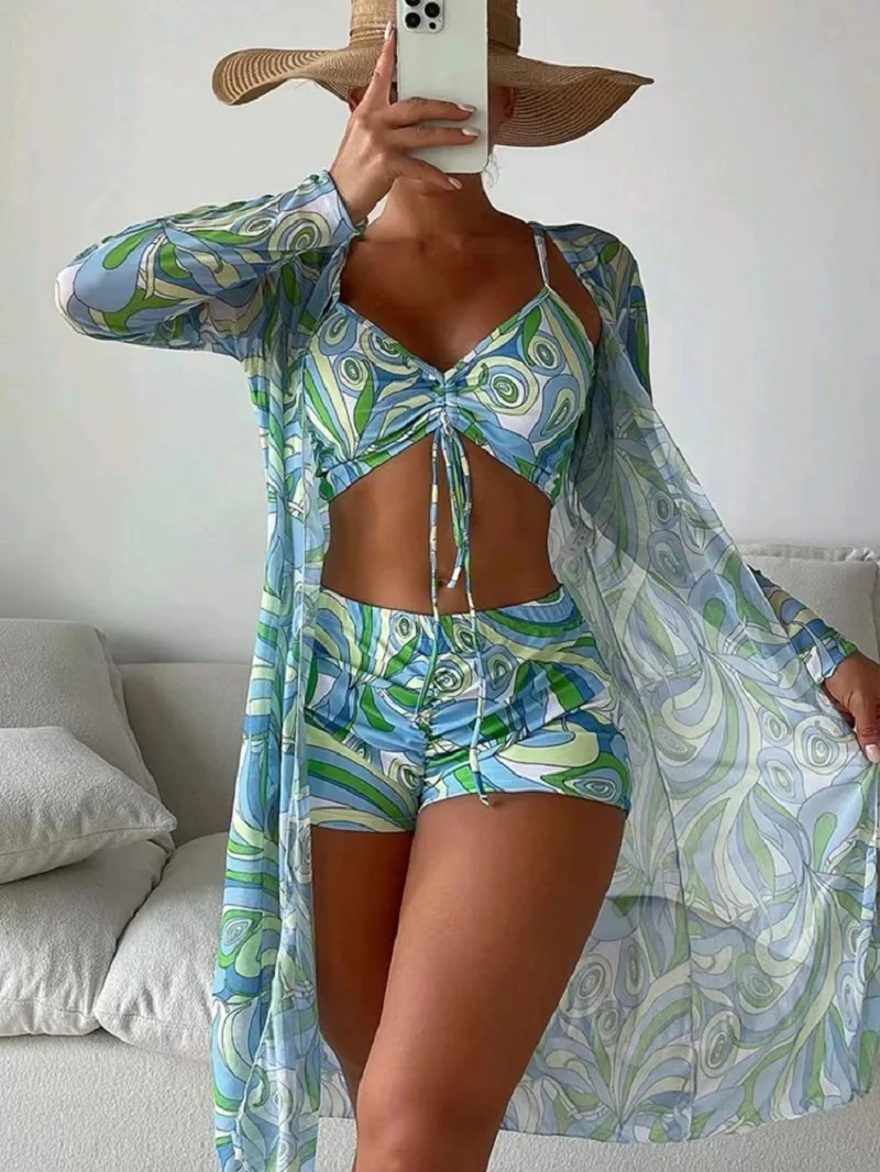 

3pcs Pring Bikini With Long Sleeve Cardigan Fashion Summer Beach Swimsuit Women