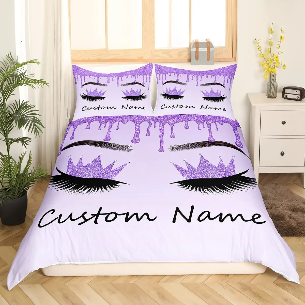 Custom Name Eyelash Bedding Set for Girls Women Kids Comforter Cover, Luxury Glitter Sparkle Eyelashes Makeup Girly Duvet Cover
