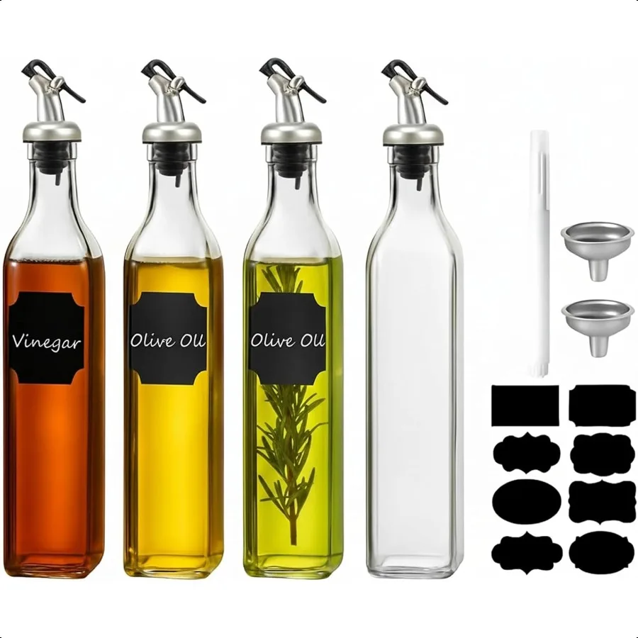 

Olive Oil Dispenser Bottle4Pack 17 OZ Glass Oil Dispenser for Kitchen with 4 Pourer 1 Stainl Steel Funnel and 1 Pen and 8 Label