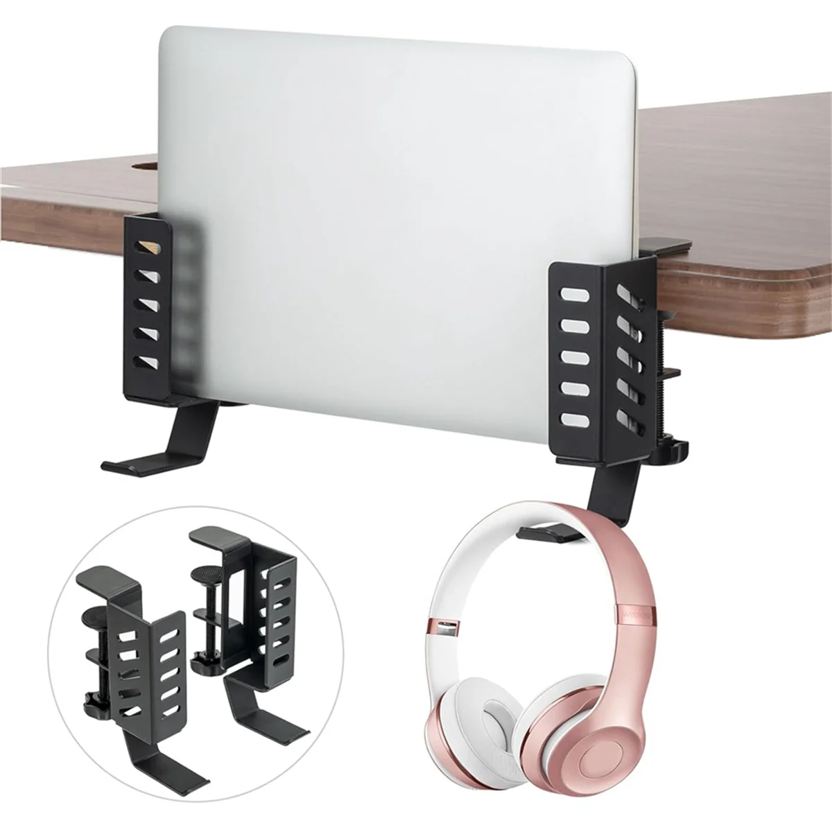 Desk Side Vertical Laptop Stand,No Drill Laptop Desktop Mount,Hanging Laptop Holder for Desk Side,Clamp on Desk Black