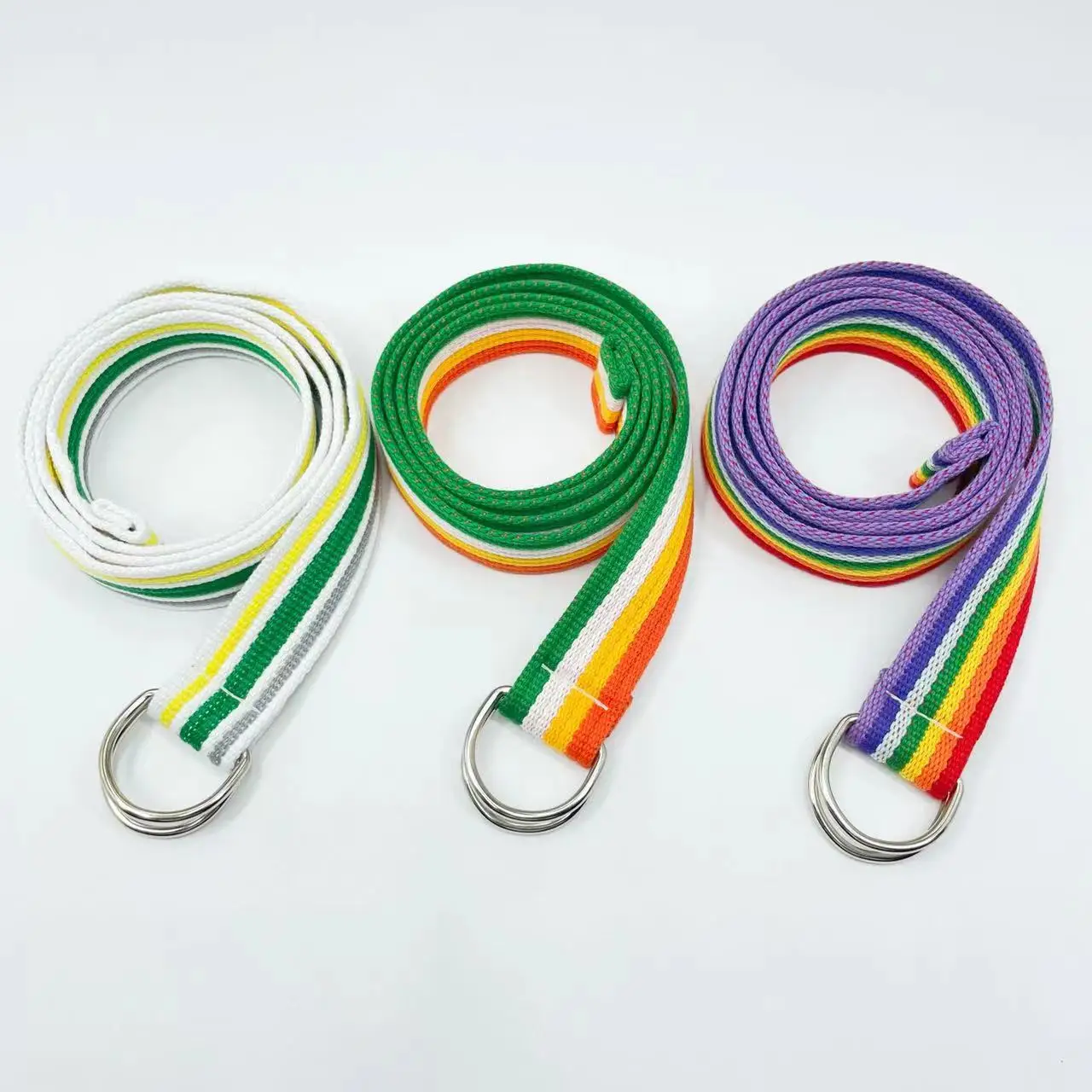 20 Pieces Woven Belts Double Ring D Type Rainbow Canvas Belt Webbing Casual Wild Long Decorative Unisex Stripes Waist Belt