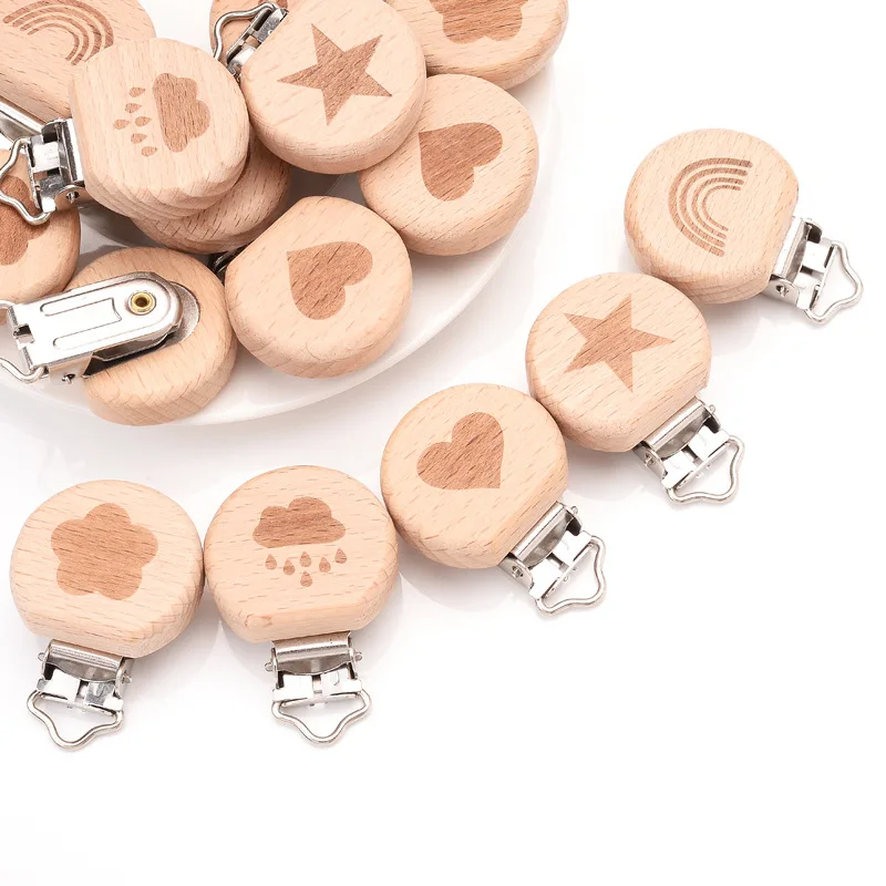 5Pcs Beech Round Pacifier Clips  Heart Animal Rainbow Pattern DIY Wood Dummy Chain Holder Baby Nursing Accesory