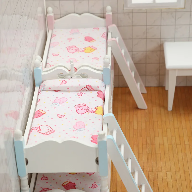 1：12Dollhouse Miniature Furniture Bedroom Children's Bunk Bed, Miniature Model Playhouse Cartoon Creative Decor