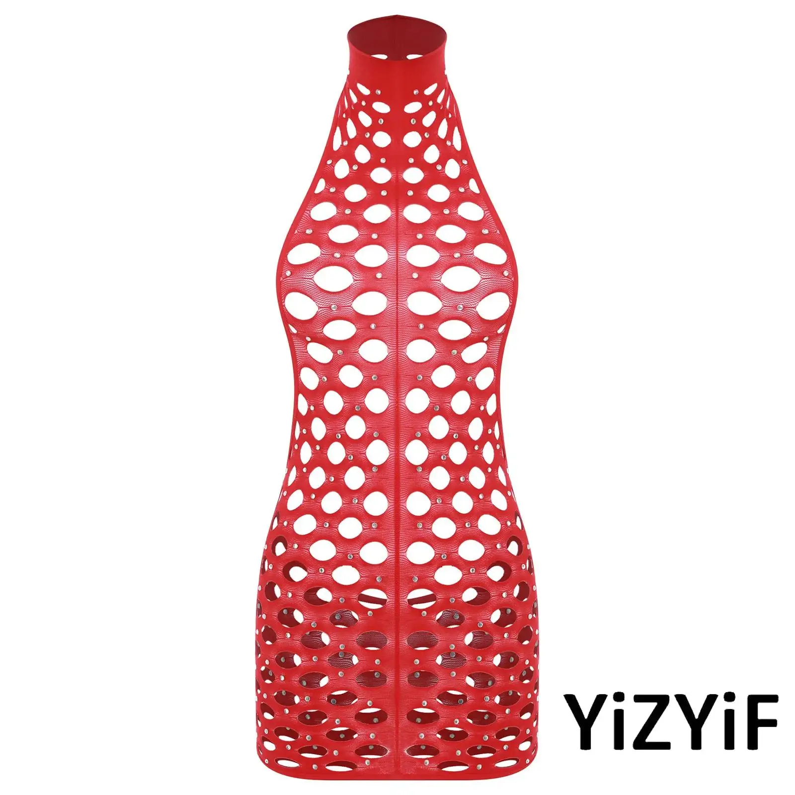 

Sexy Womens See Through Stretchy Babydoll Dress Sparkling Rhinestone Fishnet Mini Dress Halter Sleeveless Backless Nightwear