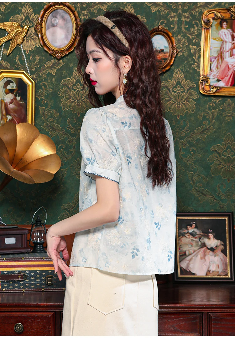 Summer New Chinese Style Women Cheongsam Button Shirt Flowers Unique Blouse Lightweight Comfort Tops