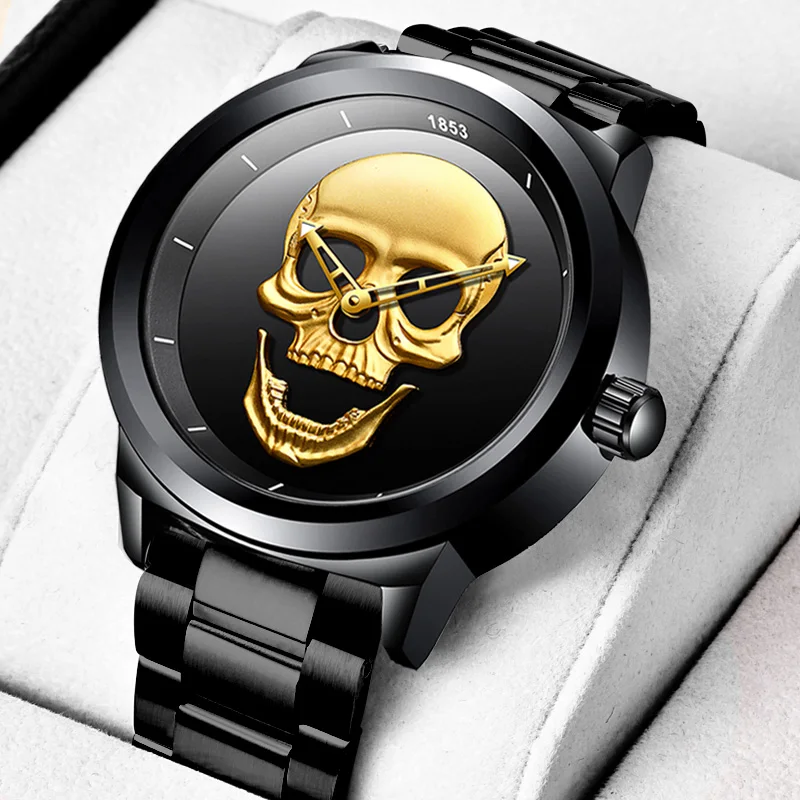 LIGE Punk Gold Skull Mens Watches Creative Quartz Wrist Watch for Men Stainless Waterproof Luminous Watch Man Relogio Masculino