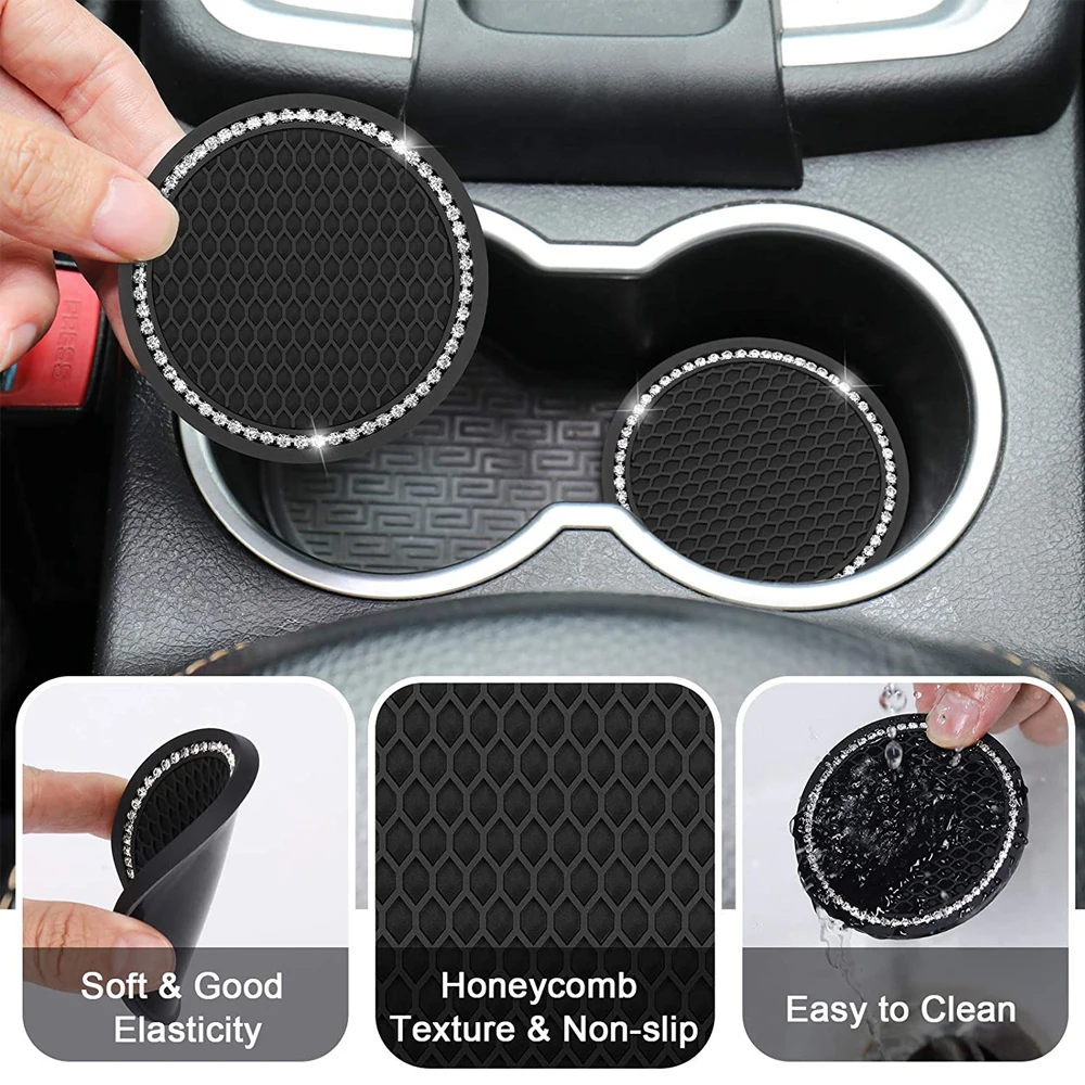 2Pcs Car Cup Holder Coaster Rhinestone Non-Slip Silicone Honeycomb Texture Auto Interior Accessories