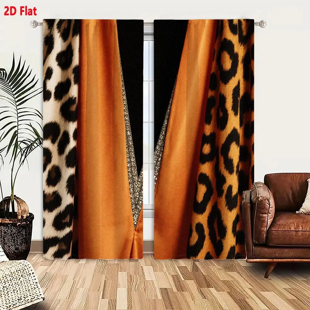 2Pcs Curtains Copper Orange Satin Deep V Neckline Leopard Print Window Drapes for Bedroom Room Decor Decoration Window Treatment