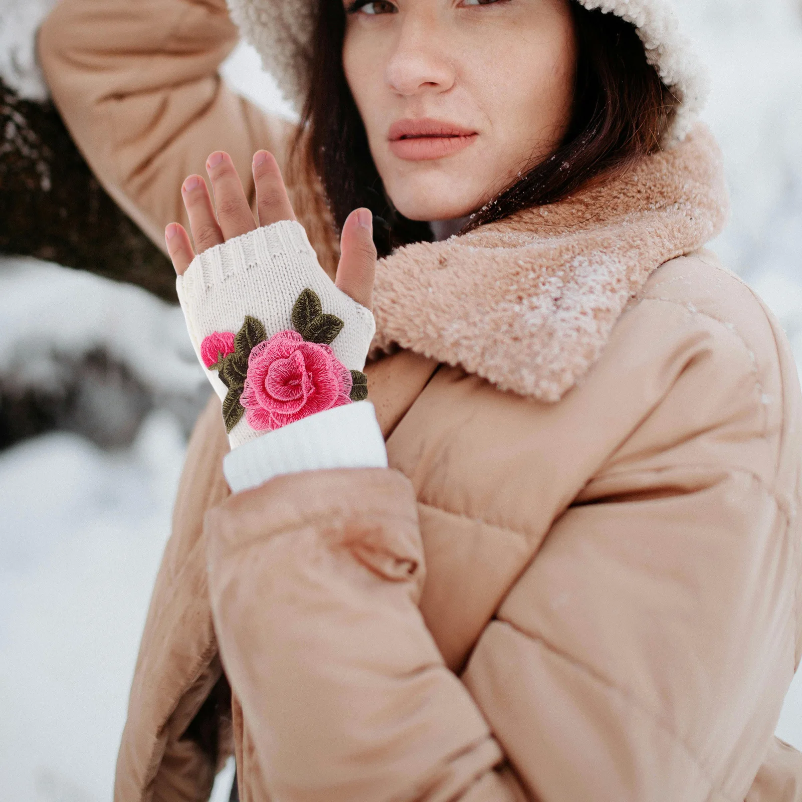 

1Pair Fingerless Gloves Women Floral Pattern Knitted Half Finger Mittens Warm Open Finger Knit Gloves for Winter Outdoors