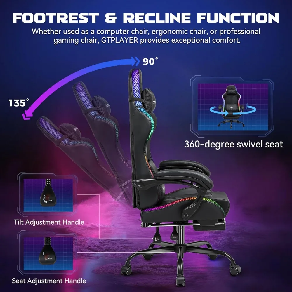 GTPLAYER RGB Gaming Chair, Computer Gamer Chair with Footrest and LED Lights, PC Gamer Chairs for Adults, High Back Reclining Of
