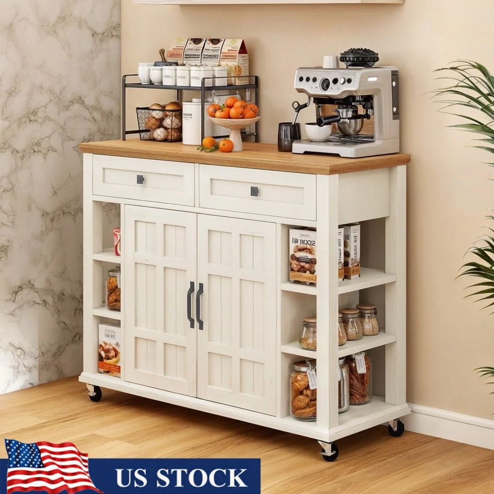 

Kitchen Island Cart Storage Unit with Drawers Shelves and 360° Wheels Portable Kitchen Storage Organizer Dining Room Living Room
