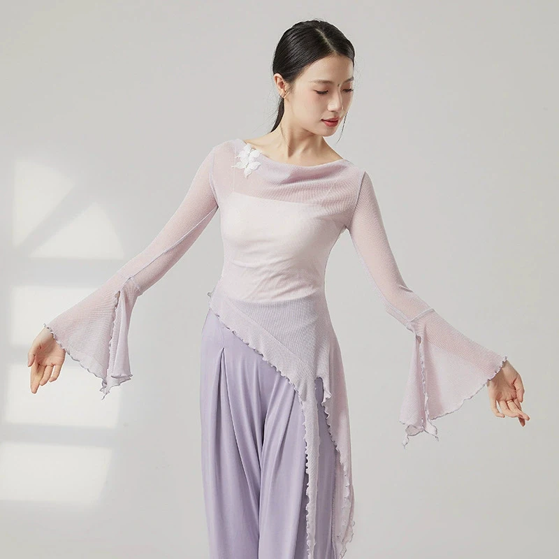 

Женские классические танцевальные топы для выступлений и тренировок в китайском стиле: элегантные блузки из сетки с длинными рукавами, оборками и разрезами, из струящегося тюля