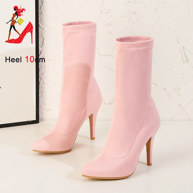 2023 Autumn Winter Sock Short Boots Lady Mid-Calf Thin High Heels Large Size 46 Fashion Women Shoes Elastic Flock Pointed Boots