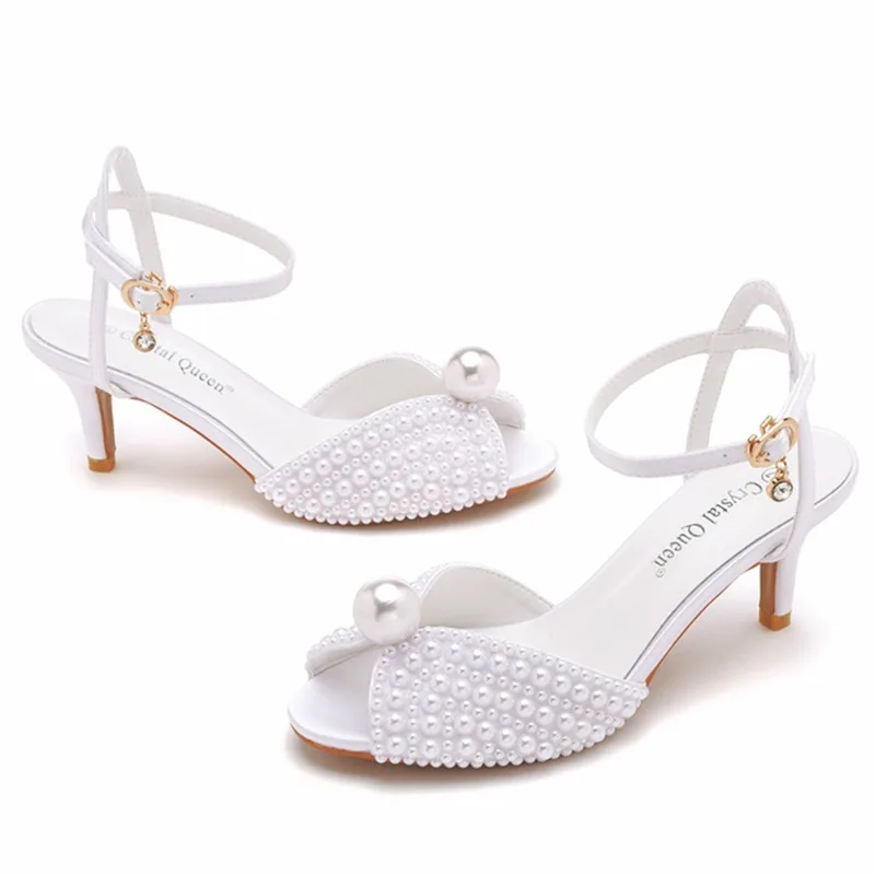 

Plus Size 34-43 Shoes for Women Summer Luxury Fashion Wedding Party Evening Pearl Peep Toe High Heel Buckle Sandalias De Mujer