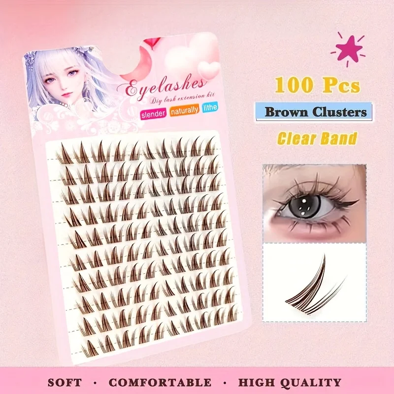 100 مجموعة من الرموش الصناعية البنية عباد الشمس، طبيعية، مريحة، متعددة الوظائف، مجعدة على شكل حرف C، عين كاذبة بنية عباد الشمس