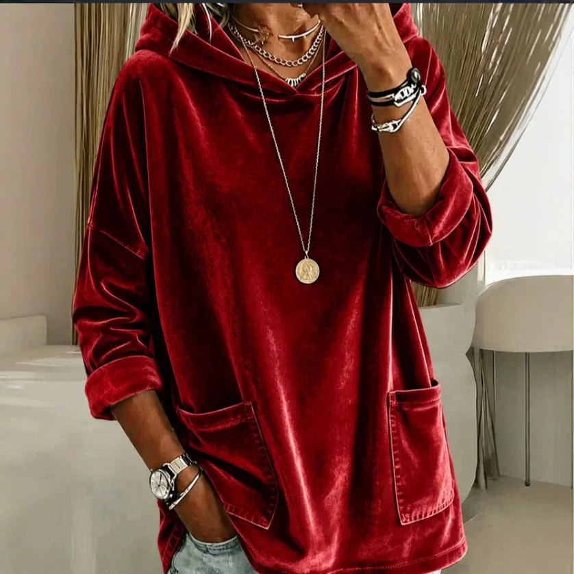 Women's Long Sleeve Hooded Sweatshirt Pocket Design Loose Fit Trendy Elegant Versatile Commute Daily Wear Velvet Pullover Hoodie
