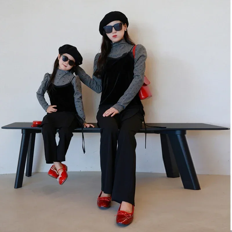 

Mom and Baby Girl Elegant Matching Outfit Mother Daughter Equal Clothes Mummy and Me Velvet Vest Long Sleeve Pullover Pants Sets