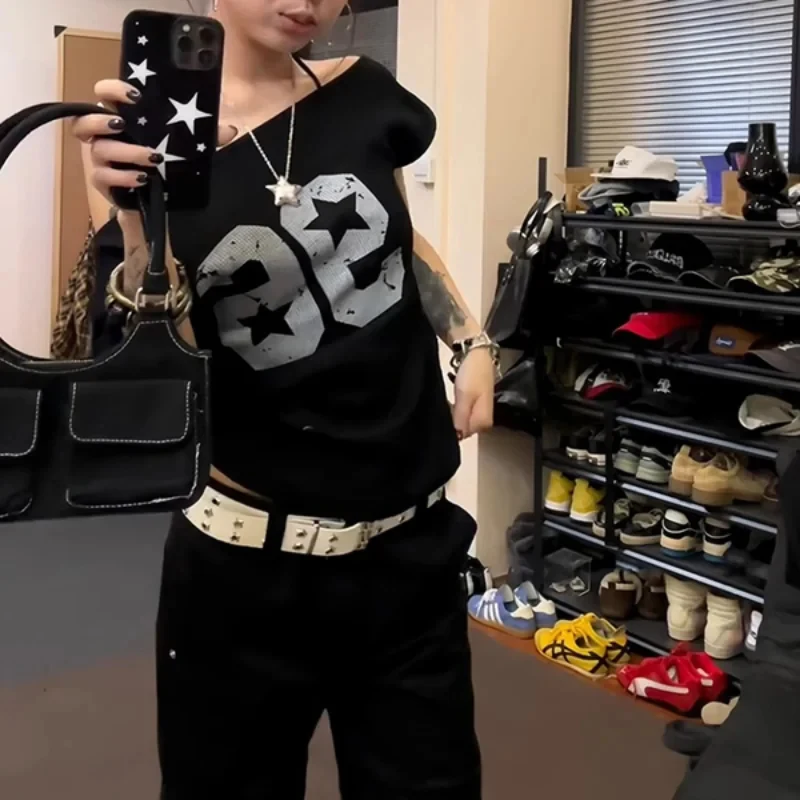 

Summer Y2K Off Shoulder Print Short Sleeve T-Shirt Women Loose Harajuku Streetwear Tops