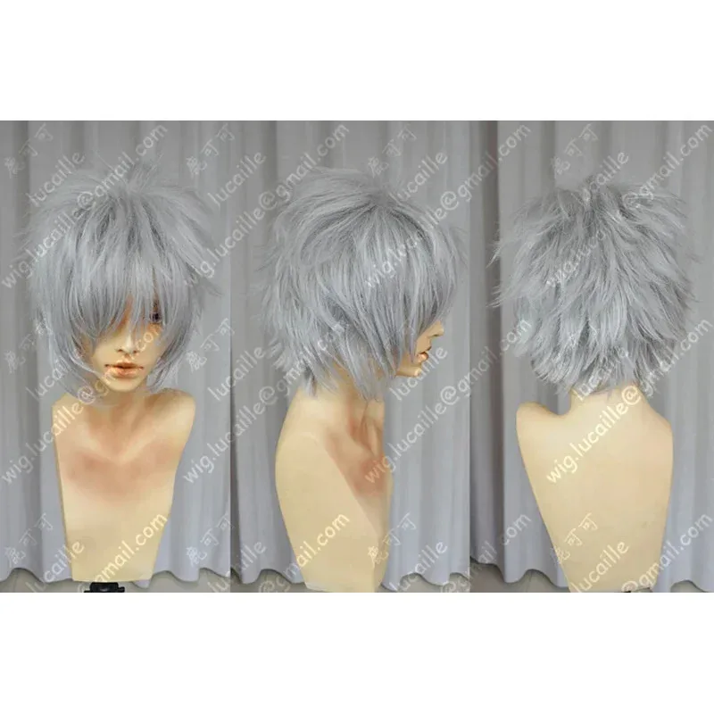 하타케 카카시 짧은 실버 그레이 컬러 헤어 내열성 Cos 가발 + 머리띠 + 마스크