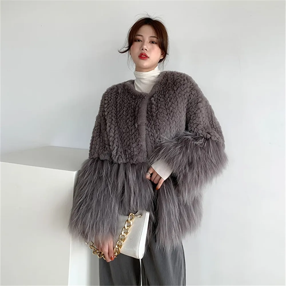 Cappotto con giunture per capelli di coniglio Rex da donna, capelli di procione, cappotto di pelliccia intrecciata, caldo, tinta unita, moda autunno e inverno, nuovo, 2023