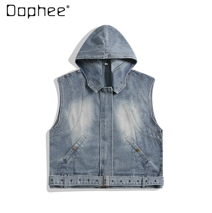 

Весна и осень 2024, новая мужская стираная рабочая одежда в американском стиле, лоскутная синяя жилетка без рукавов с капюшоном, джинсовая куртка