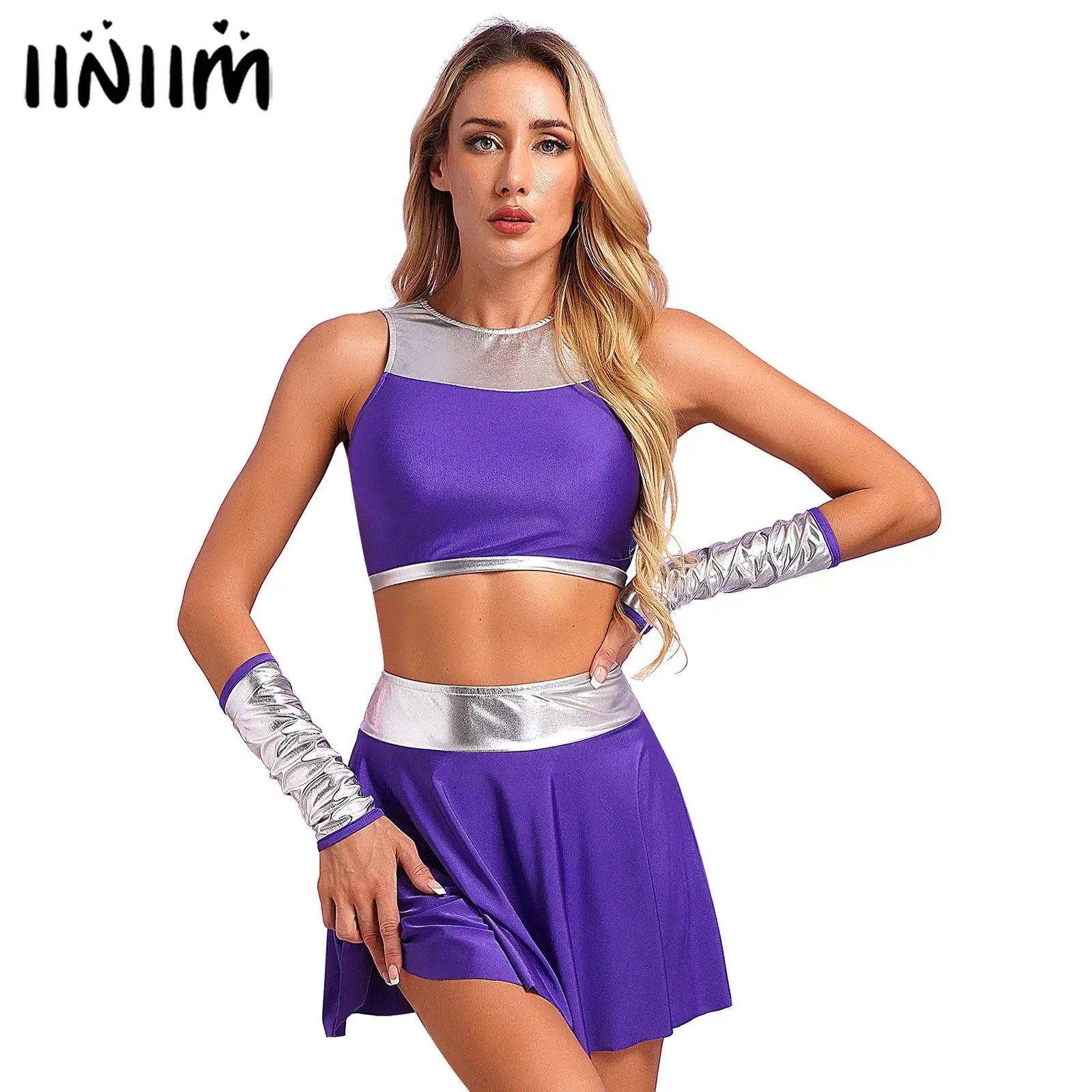 

Womens Halloween Alien Hero Princess Cosplay Dance Outfits Cheerleading Uniform Costume Crop Top Gloves And Mini Swing Skirt
