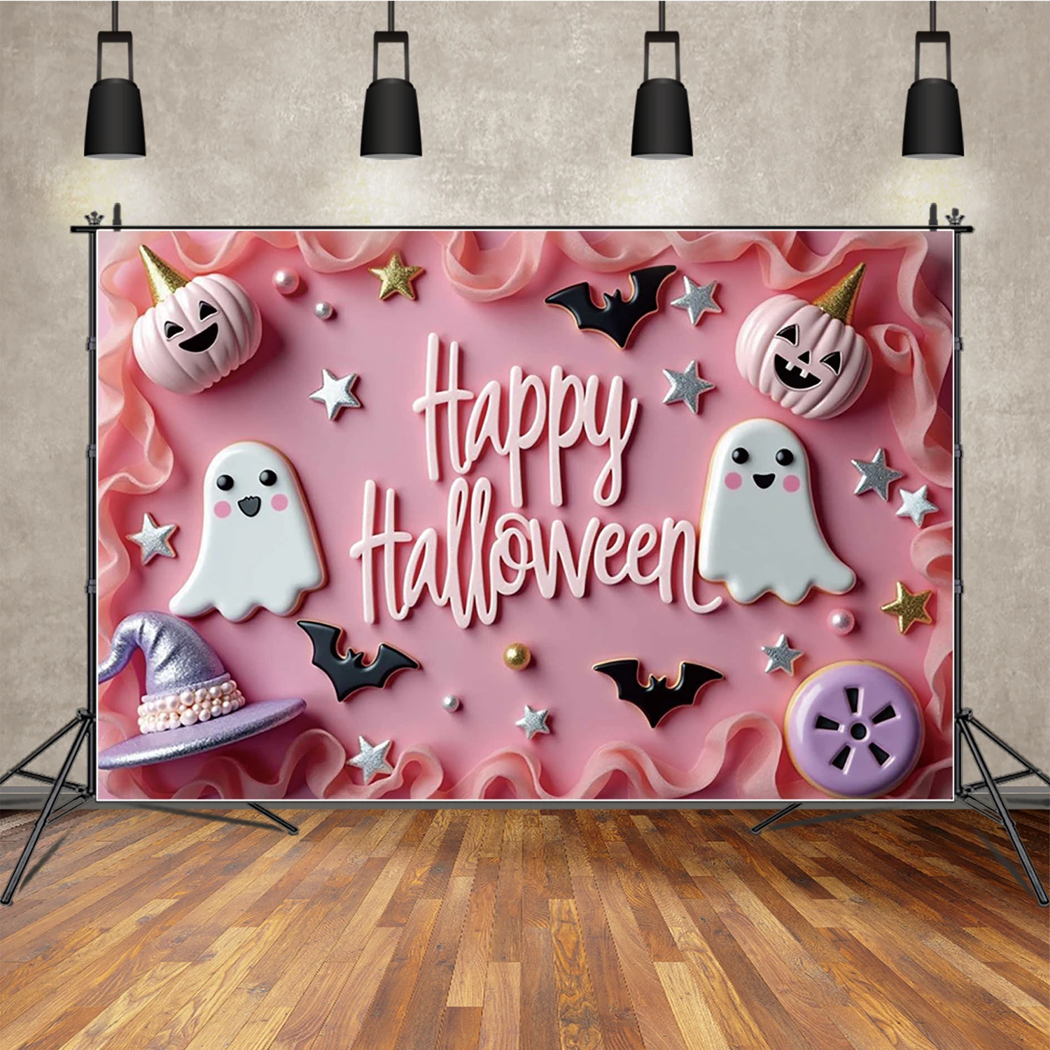 

MOON.QG Pink Halloween Banner Backgrounds For Photographs Bats Pumpkin Ghost Backdrop Photography Props Photo Booth Accessories