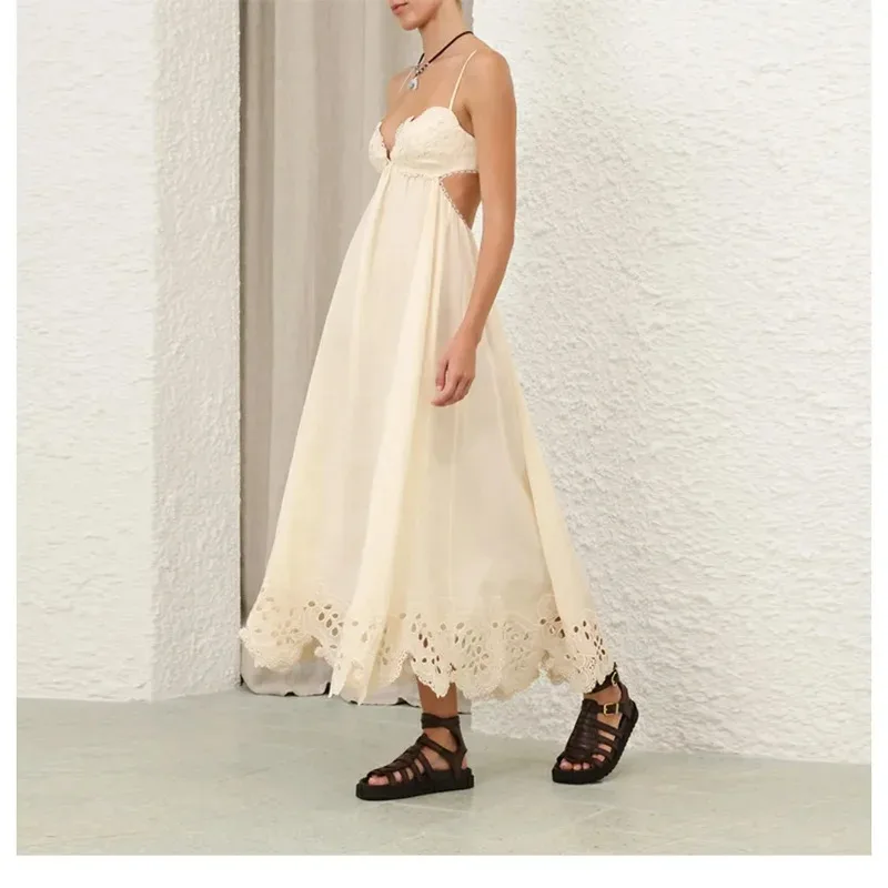 New Collection Women's Beige Sleeveless Embroidery Cut Out Backless Midi Dress for Holiday