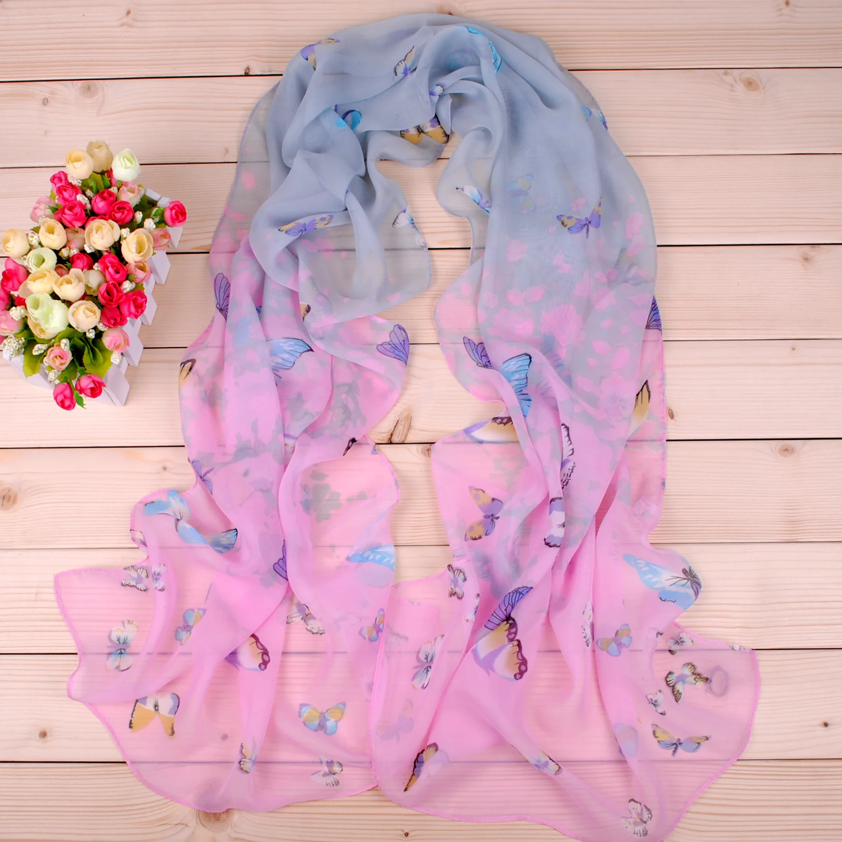 New Yiwu Colorful Little Butterfly Women\'s Printed Chiffon Long Scarves Wholesale Spring and Summer Printed Scarves