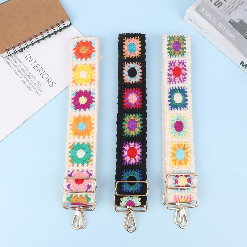 Fashion Crochet Flower Bag Strap Wide Adjustable Shoulder Bag Strap DIY Knitted Ethnic Embroidery Purse Bag Strap Accessories