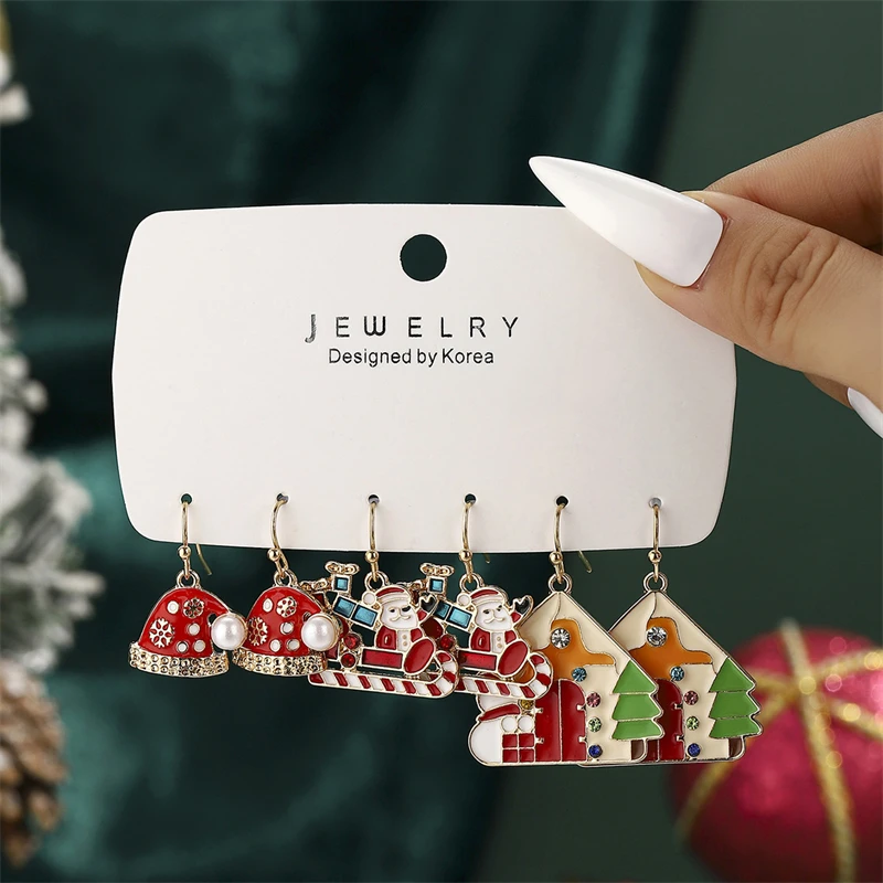 

3 Pairs Christmas Earrings Set for Women Cute Nutcracker Soldier Santa Claus Snowman Zircon Snowflake Stud Earring Party Jewelry