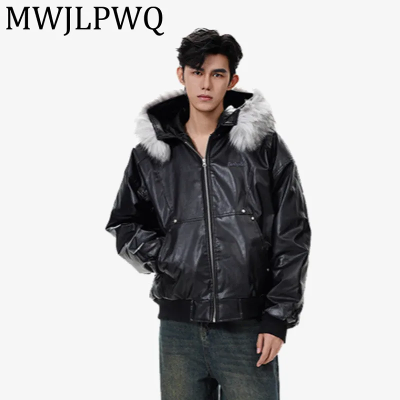

MWJLPWQ 2025 Winter New American Detachable Fur Collar PU Padded Male High Street Chic Spliced Design Street Cotton Jacket 21500