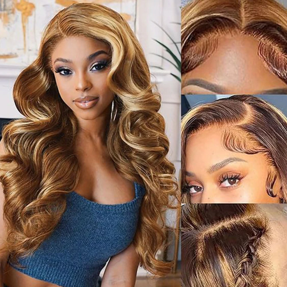 180% Blonde Highlight Body Wave Lace Front Wigs Human Hair 28Inch Colored Human Hair Wigs With Highlights Color Body Wave Wig