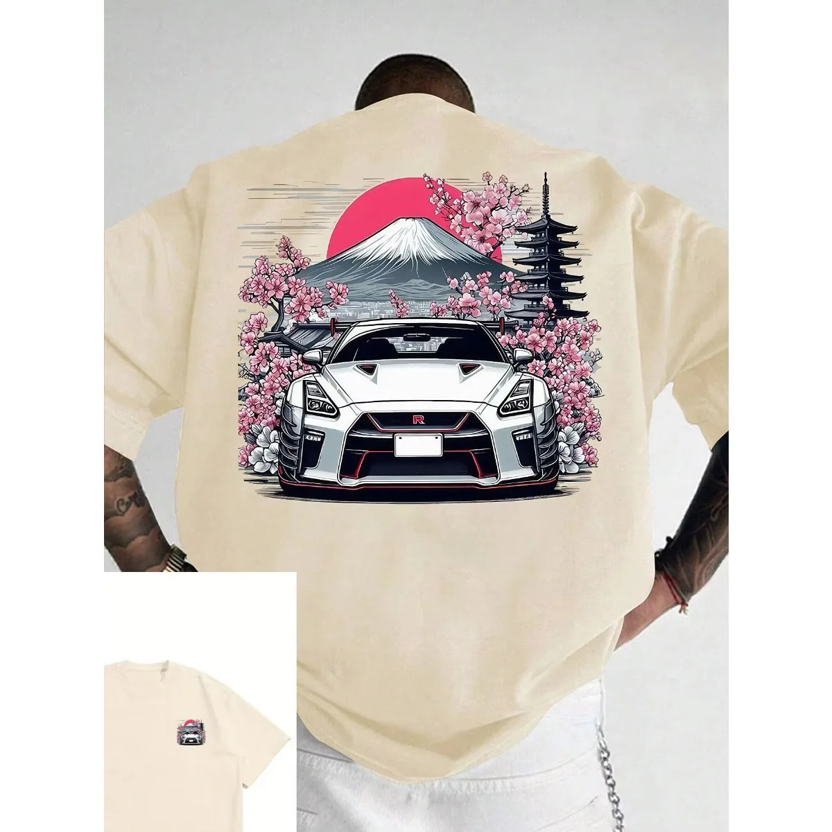

Sakura car print men's summer sweat-absorbing breathable comfortable outdoor trendy and versatile T-shirt