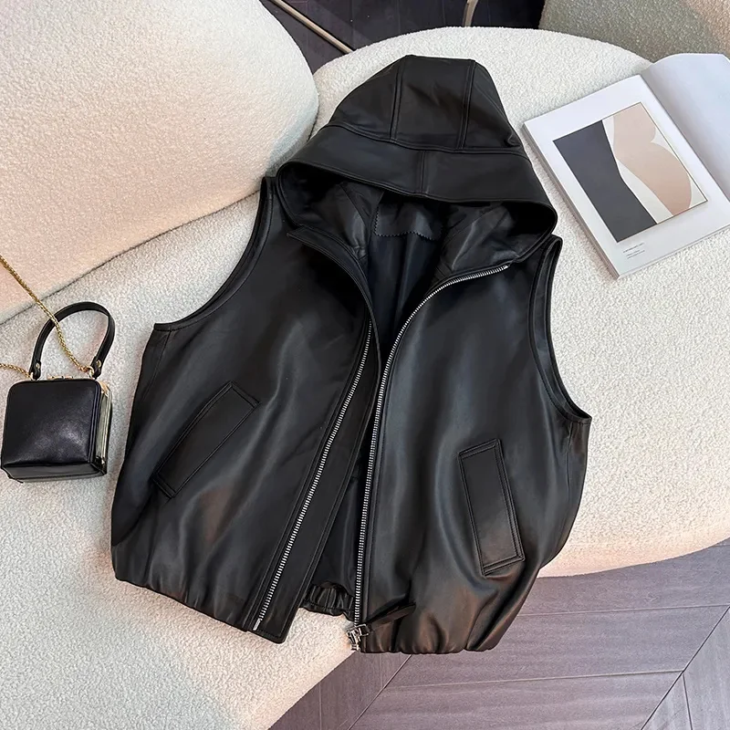 2024 Spring Autumn Hooded Leather Vest Short Coat Tops Women Loose New Casual Vests Fashion Leather Waistcoat Outwear Female