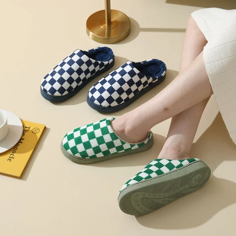 Plaid House Slipper Womens Winter Warm Home Kawaii Cartoon Plush Contton Indoor Funny Cute Fuzzy Floor Shoes Female Checkerboard