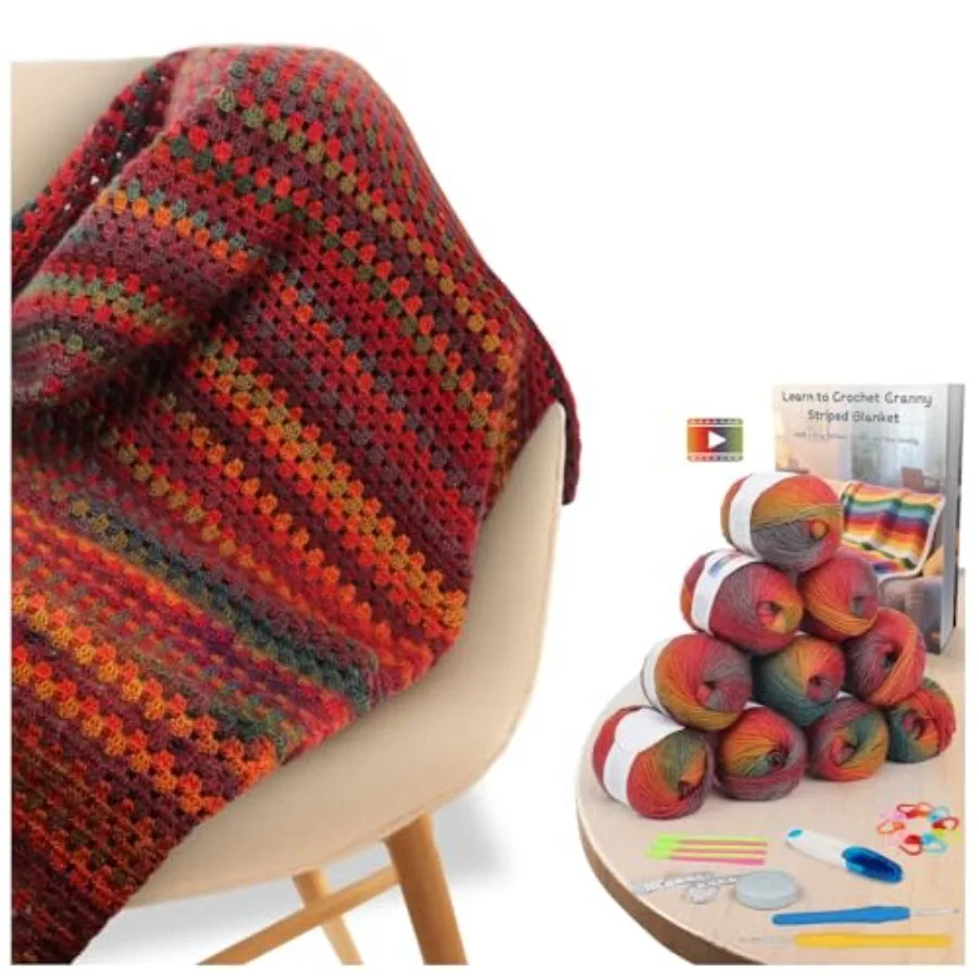 

Набор для начинающих по вязанию крючком: Омбре-плед «Радуга» — полный стартовый комплект с достаточным количеством теплой шерстяной пряжи и видеоуроками