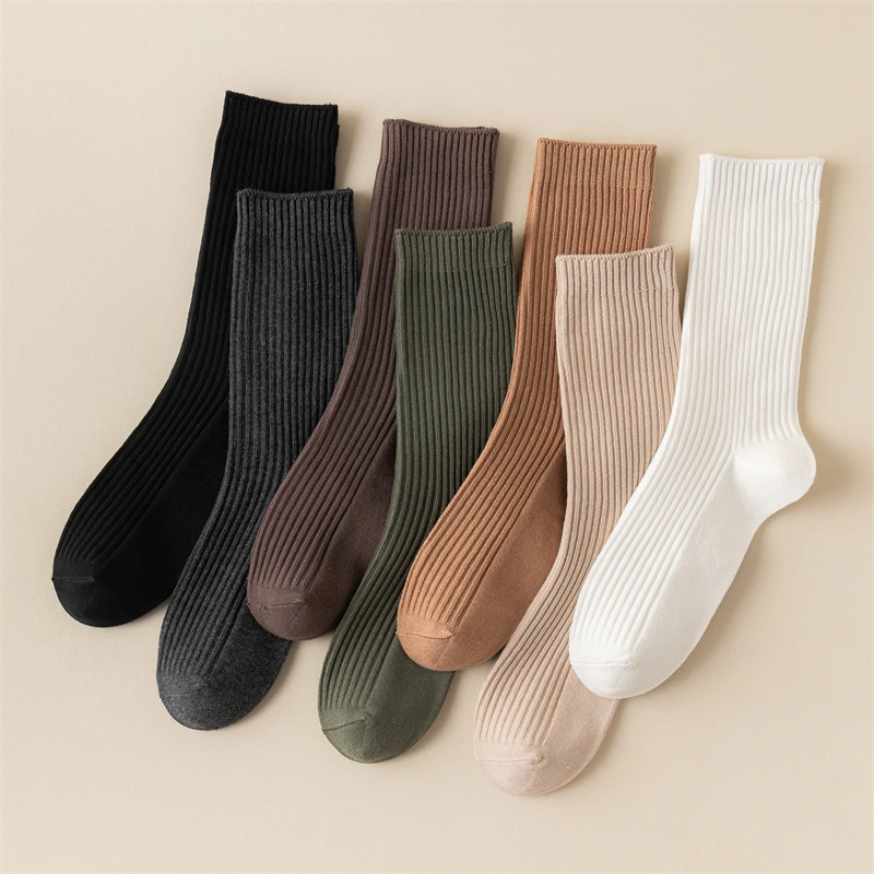 Calcetines largos de algodón para mujer, medias deportivas de Color sólido, estilo coreano, para otoño, 5 pares por lote