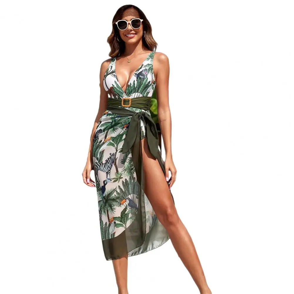 Conjunto de saia monokini estampa floral, maiô profundo com gola V, cintura apertada, cintura alta, macio, secagem rápida, com cordões, 2 peças por conjunto