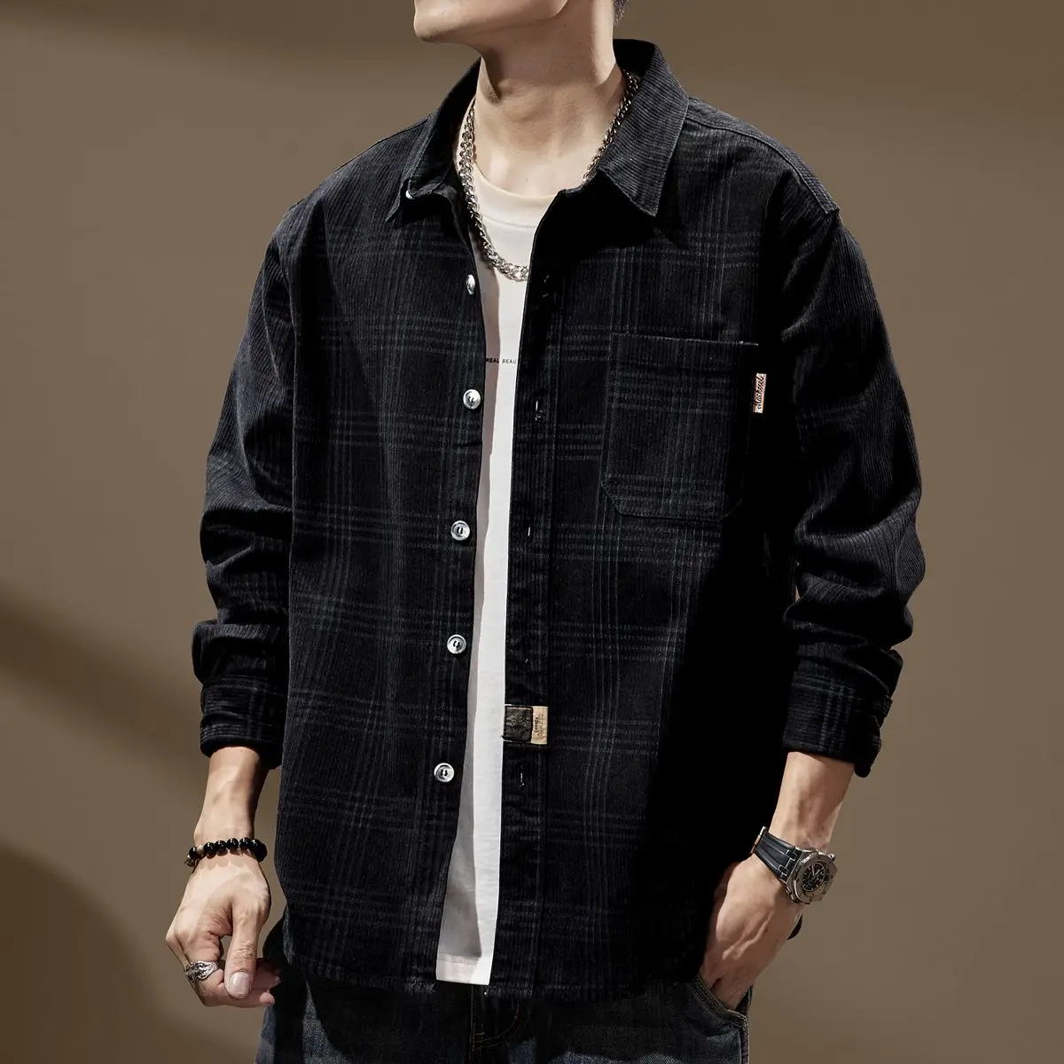 2024 Single Breasted Casual Shirts for Men Loose Retro Japanese Style Turn-down Collar Plaid Shirt Jacket for Spring and Autumn