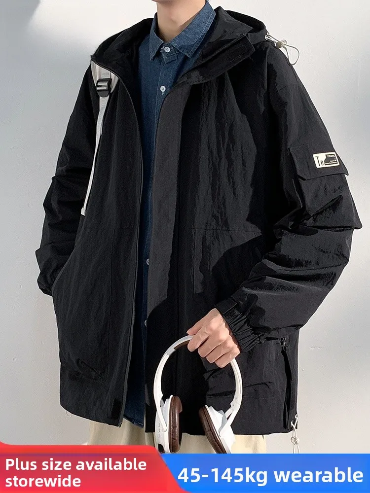 

Mo Cha, большой размер, мужская куртка с капюшоном, весенне-осенняя свободная универсальная ветровка больших размеров, верхняя одежда для толстяков, повседневная одежда